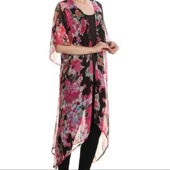 Betsey Johnson Black Pink Floral Open Front Sheer Maxi Cardigan Kimono - Picture 1 of 8